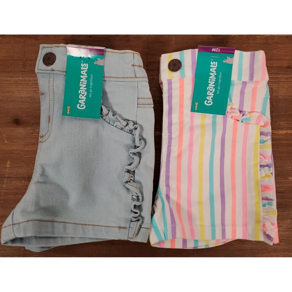 Lot of 2 Denim SHORTS 12 Months Girls Light Blue & Striped - Garanimals NEW